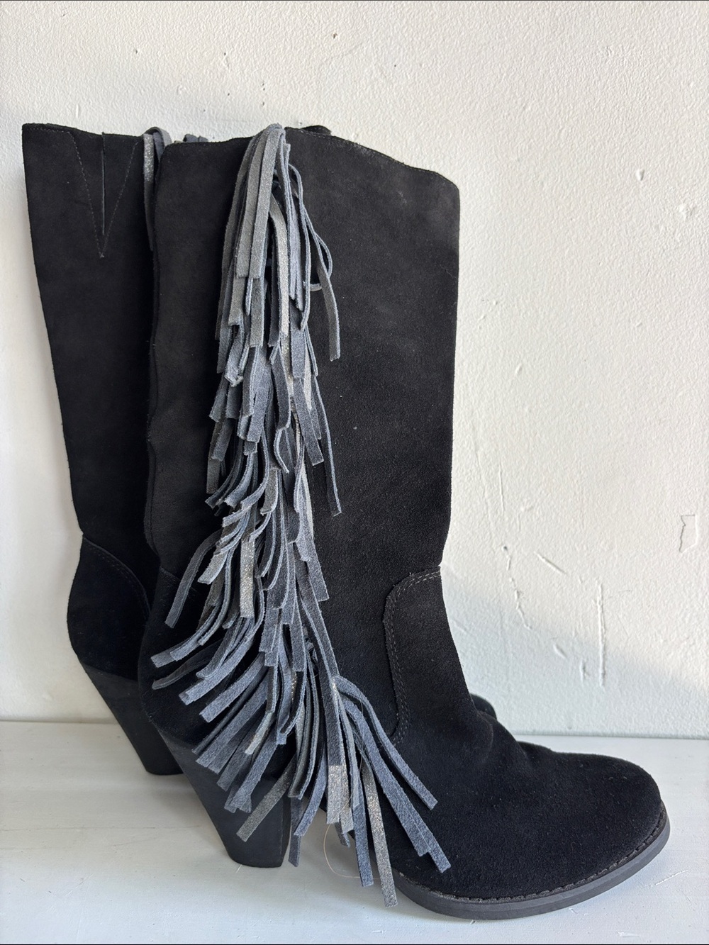 Reba Black Suede Fringe Mid-Calf Heeled Boots